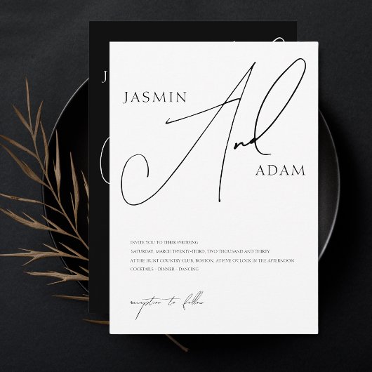 Elegante Zwarte Witte Script Typografie Trouwfeest Kaart