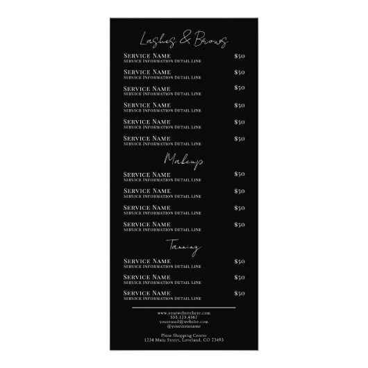 Elegante Zwarte Witte Spa Diensten Menu Rekkaart (Achterkant)