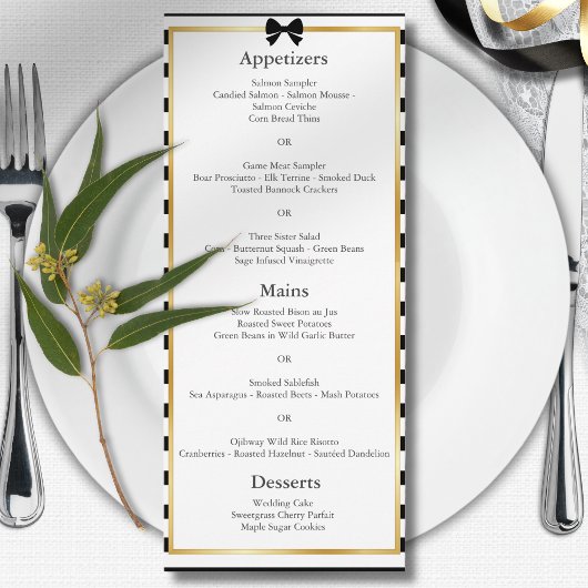 Elegante Zwarte Witte Streep Gouden Frame Huwelijk Menu
