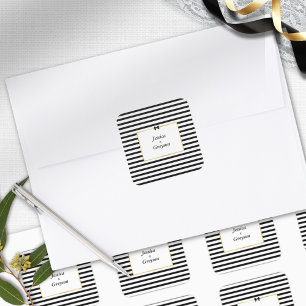 Elegante Zwarte Witte Streep Gouden Frame Huwelijk Vierkante Sticker