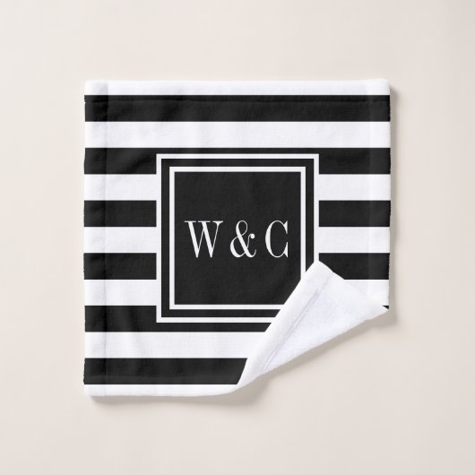 Elegante zwarte witte streep monogram bad handdoek (Wasdoekje)