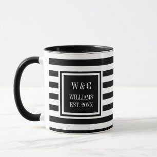 Elegante Zwarte Witte Streep Monogram Naam Mok