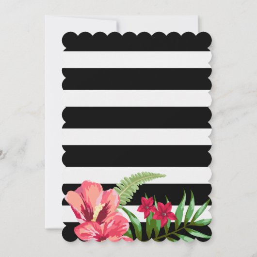 Elegante zwarte witte strepen en hibiscus bruiloft kaart (Achterkant)