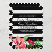 Elegante zwarte witte strepen en hibiscus bruiloft kaart (Voorkant / Achterkant)