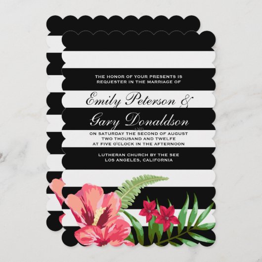 Elegante zwarte witte strepen en hibiscus bruiloft kaart (Voorkant / Achterkant)