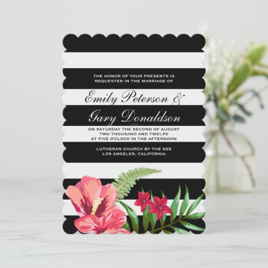 Elegante Zwarte Witte Strepen En Hibiscus Bruiloft Kaart (Staand voorkant)