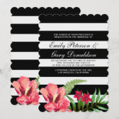 Elegante Zwarte Witte Strepen En Hibiscus Trouw Kaart (Voorkant / Achterkant)
