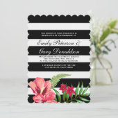 Elegante Zwarte Witte Strepen En Hibiscus Trouw Kaart (Staand voorkant)
