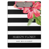 Elegante zwarte witte strepen met exotische bloeme klembord (Voorkant)