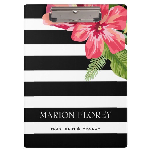 Elegante zwarte witte strepen met exotische bloeme klembord (Voorkant)
