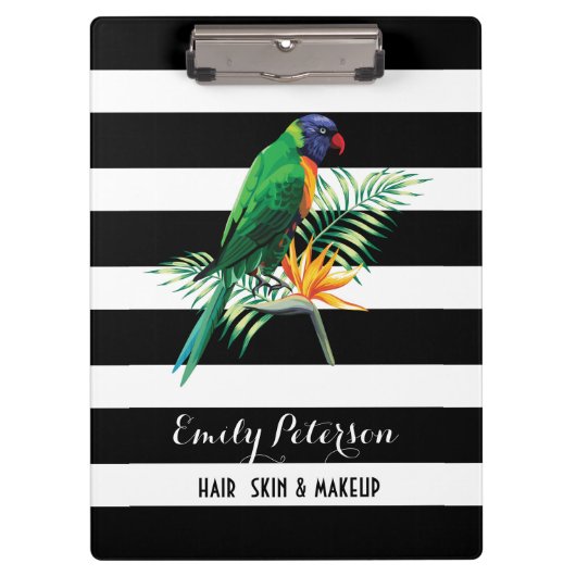 Elegante zwarte witte strepen met vogel en bloemen klembord (Voorkant)