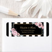 Elegante zwarte witte strepen roze bloemenlabels etiket (Insitu)