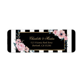 Elegante zwarte witte strepen roze bloemenlabels etiket