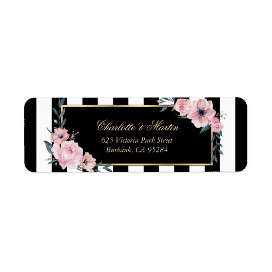 Elegante zwarte witte strepen roze bloemenlabels etiket (Voorkant)