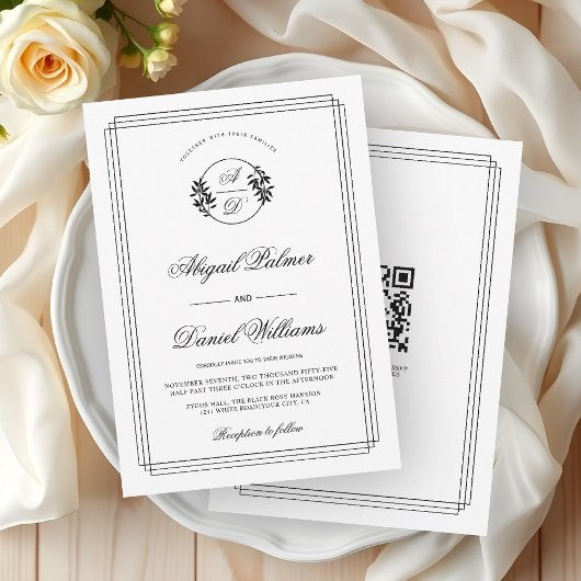 Elegante zwarte, witte tak en QR-code trouwkaart Kaart