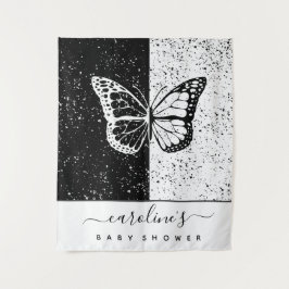 Elegante Zwarte & Witte Vlinder Baby Shower Gestip Wandkleed