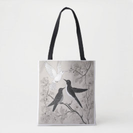 Elegante Zwarte & Witte Vogels Bloemrijke Kunst Ta Tote Bag
