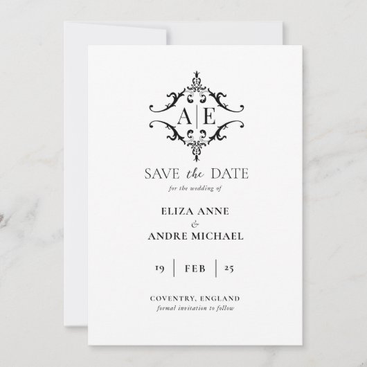 Elegante Zwarte & Witte Wapen Monogram Huwelijk Save The Date (Voorkant)