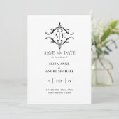 Elegante Zwarte & Witte Wapen Monogram Huwelijk Save The Date (Staand voorkant)