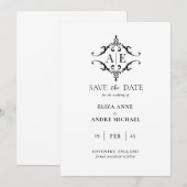 Elegante Zwarte & Witte Wapen Monogram Huwelijk Save The Date (Voorkant / Achterkant)