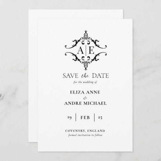 Elegante zwarte & witte wapenschild monogram bruil save the date (Voorkant / Achterkant)