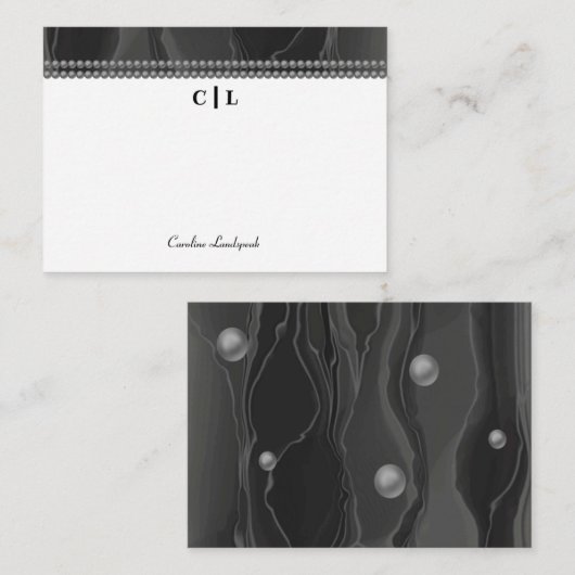 Elegante zwarte zijde & parels monogram notitiekaartje (Voorkant / Achterkant)