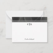 Elegante zwarte zijde & parels monogram notitiekaartje (Voorkant)