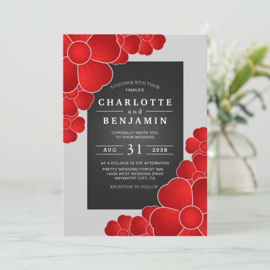 Elegante zwarte zilver en rode bloemen bruiloft kaart (Staand voorkant)