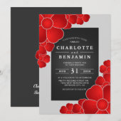Elegante zwarte zilver en rode bloemen bruiloft kaart (Voorkant / Achterkant)