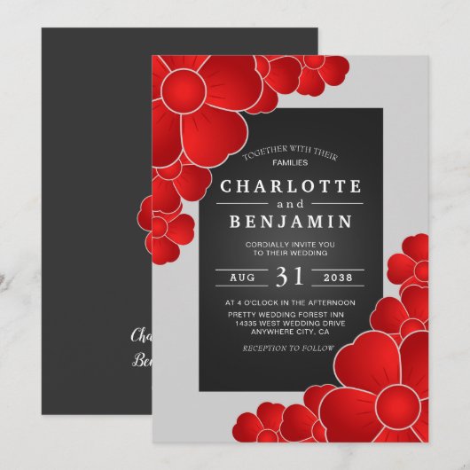 Elegante zwarte zilver en rode bloemen bruiloft kaart (Voorkant / Achterkant)