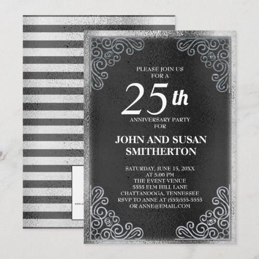 Elegante zwarte zilveren 25e huwelijksjubileum kaart (Voorkant / Achterkant)