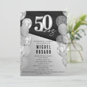 Elegante zwarte zilveren ballonnen 50e verjaardags kaart (Staand voorkant)