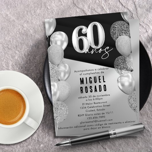 Elegante zwarte zilveren ballonnen 60e verjaardags kaart
