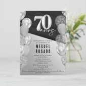 Elegante zwarte zilveren ballonnen 70e verjaardags kaart (Staand voorkant)