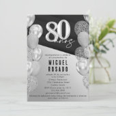 Elegante zwarte zilveren ballonnen 80ste verpartij kaart (Staand voorkant)