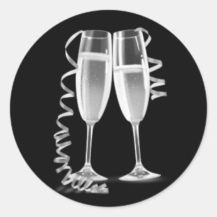 Elegante zwarte zilveren champagneglasstickers ronde sticker