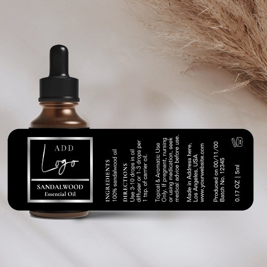 Elegante zwarte zilveren essentiële olie druppelfl etiket