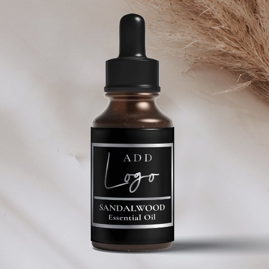 Elegante zwarte zilveren essentiële olie druppelfl etiket