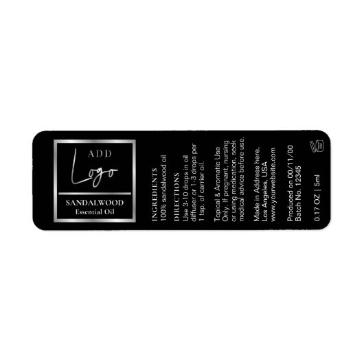 Elegante zwarte zilveren essentiële olie druppelfl etiket (Voorkant)