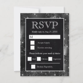 Elegante zwarte zilveren glinsterende bloem bruilo RSVP kaartje