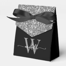 Elegante Zwarte Zilveren Glitter Monogram Naam Scr