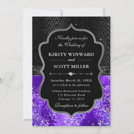 Elegante Zwarte Zilveren Paarse Glitter Bruiloft Kaart