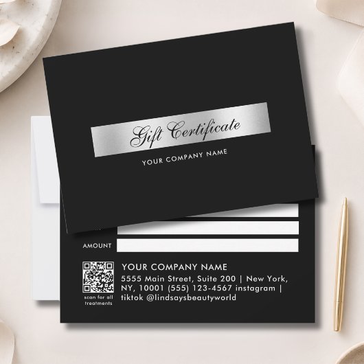 Elegante zwarte zilveren QR-code cadeaubewijs