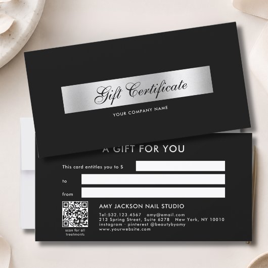 Elegante zwarte zilveren QR-code cadeaubon