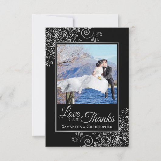 Elegante zwarte & zilveren trouwkaarten met 'Love Bedankkaart (Voorkant)