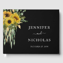 Elegante zwarte zonnebloem bruiloft gastenboek