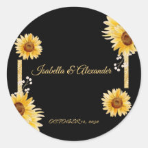 Elegante zwarte zonnebloem gouden trouwsticker