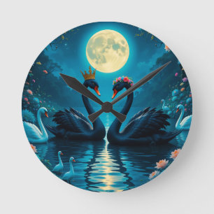 Elegante Zwarte Zwanen Onder Volle Maan Nacht Meer Ronde Klok