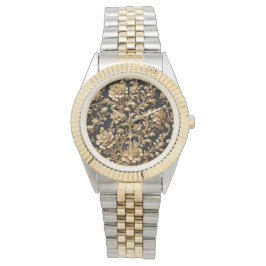 Elegantie Betoverd: zwart en gouden bloemen Horloge