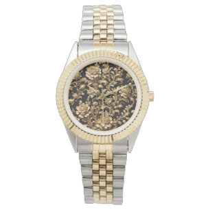 Elegantie Betoverd: zwart en gouden bloemen Horloge
